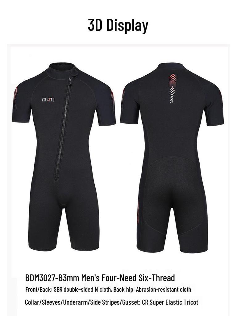 OUZO 3mm Super Elastic Short Sleeve Wetsuit - Warm, Thickened One-Piece for Cold Water Surfing, Swimming & Diving