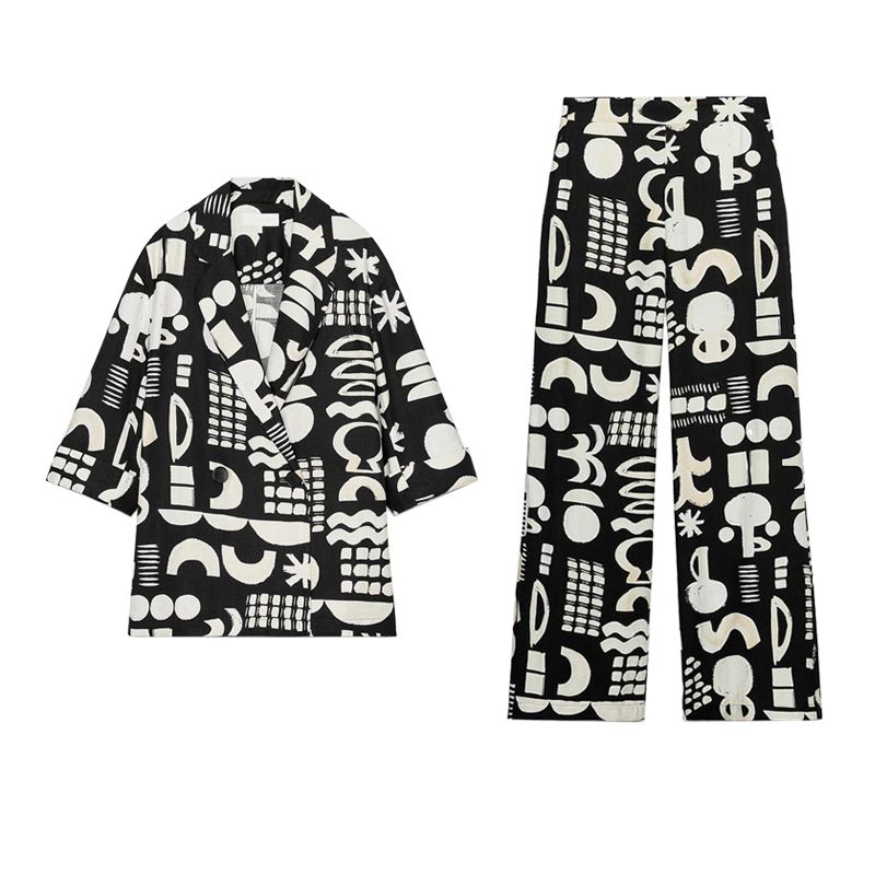 Watercolor Pattern Long Sleeves Lapel Suit Outwear 2664595 High Waist Vertical Straight-Leg Trousers 2662595