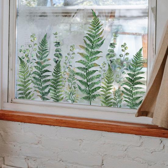 Adesivo de Janela Folha de Samambaia Verde Folhas de Pteridófita Plantas Estático PVC Adesivo de Janela Reutilizável Impermeável Decalques para Decoração de Janela de Porta de Sala de Casa