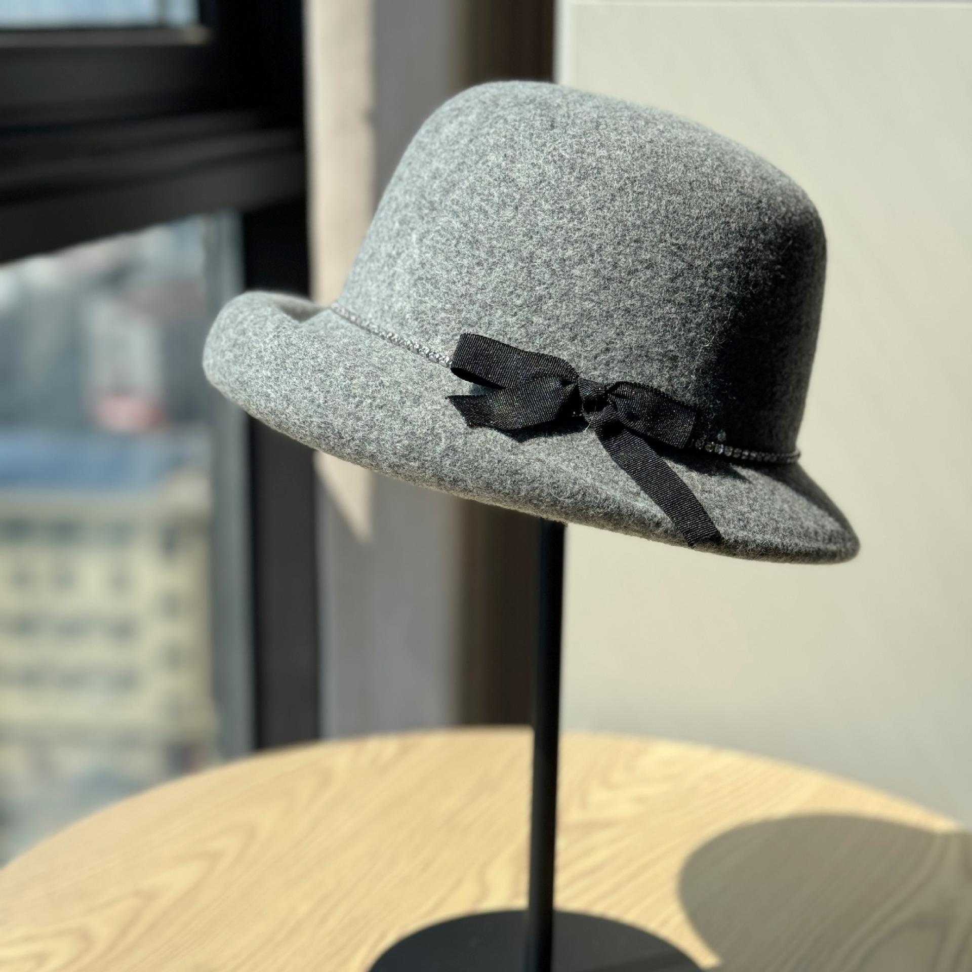 

New style elegant gray bowknot rolled-edge woolen fisherman hat for women, autumn and winter, face-slimming stylish bucket hat Adult54-60Adjustable сірий колір
