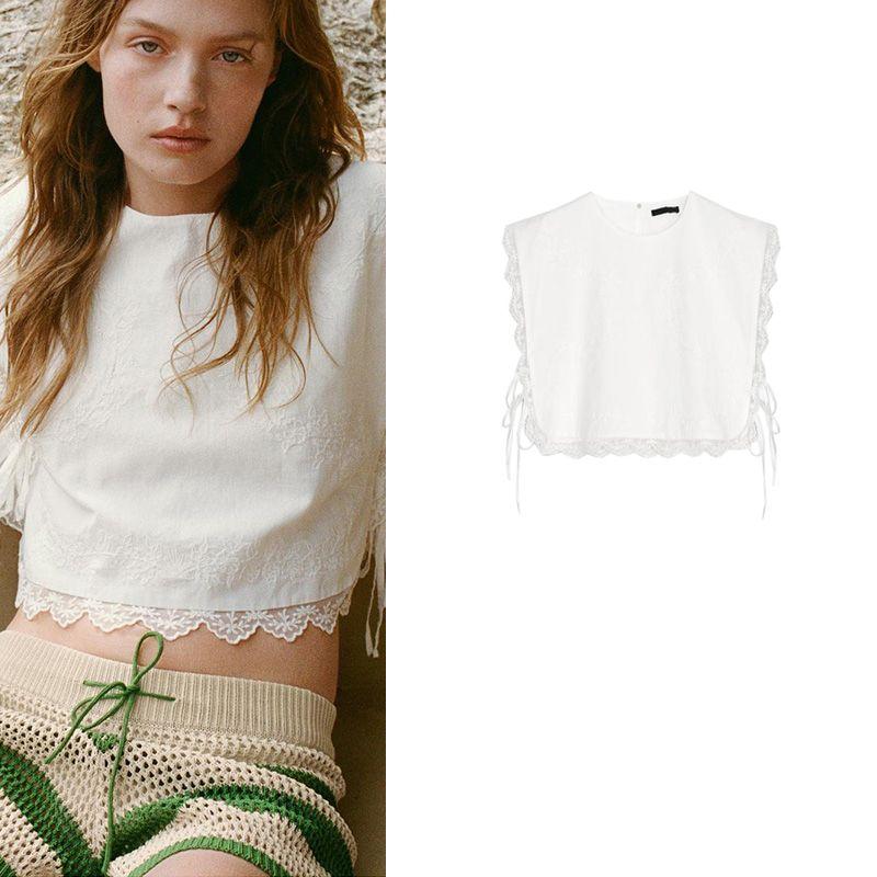 Summer New Product Women's Clothes Ins Style Linen Blend Casual Bowknot Decoration Embroidered Crew Neck Tops 7521016