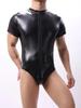 S-4Xl Short Sleeve Shiny Faux Pu Leather Bodysuit Men Front Zipper Tshirt Tights Hot Shapers Sexy Body Teddies Leotard Unitard