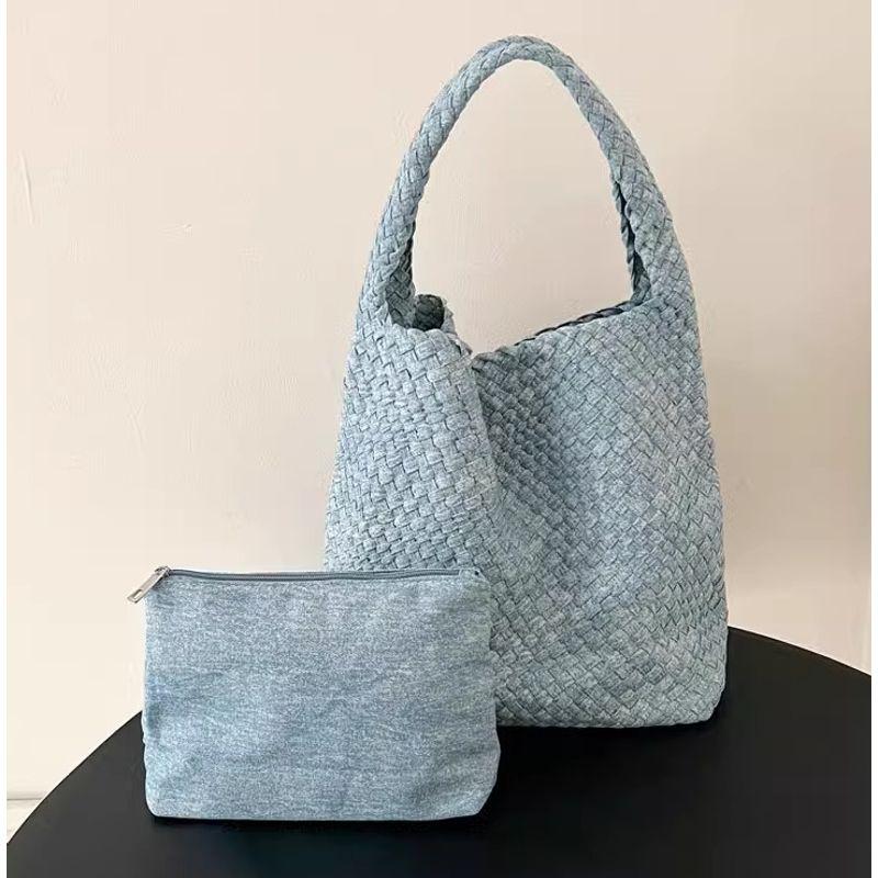 

2025 New Denim Hand-Woven Bucket Bag Women Summer Retro Tote Bag Portable Shoulder Over-the-shoulder Bag Light Blue Large (small bag) high quality In Stock
