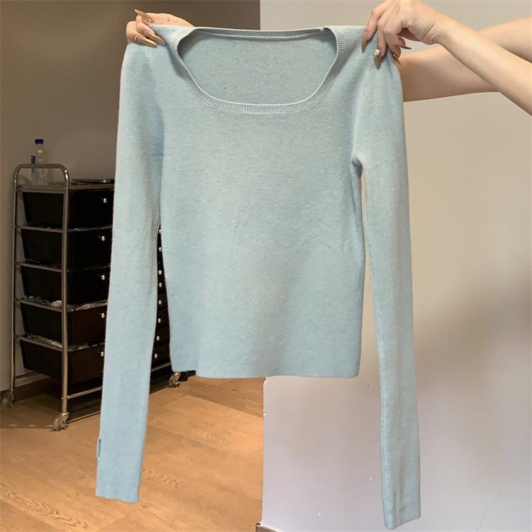 LIMEIZI Korean Style Square Neck Slim Fit Knit Sweater for Women - Autumn/Winter Fashion Base Layer