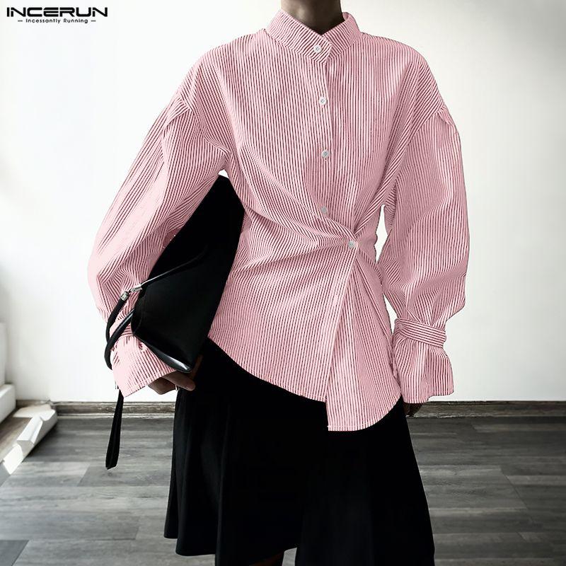 INCERUN Oversized Men Casual Loose Long Sleeve Striped Print Buttons Shirts Tops