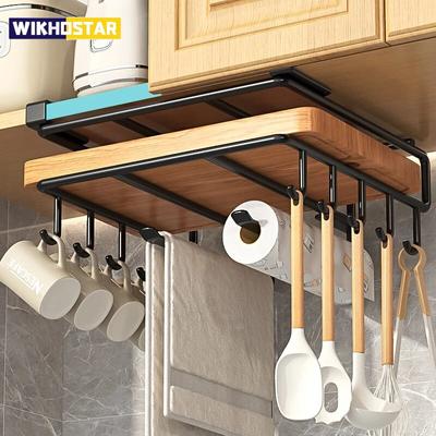 Portaoggetti da cucina da appendere con ganci sotto l'armadio, porta asciugamani di carta, stracci, tagliere, copri pentola, ripiano