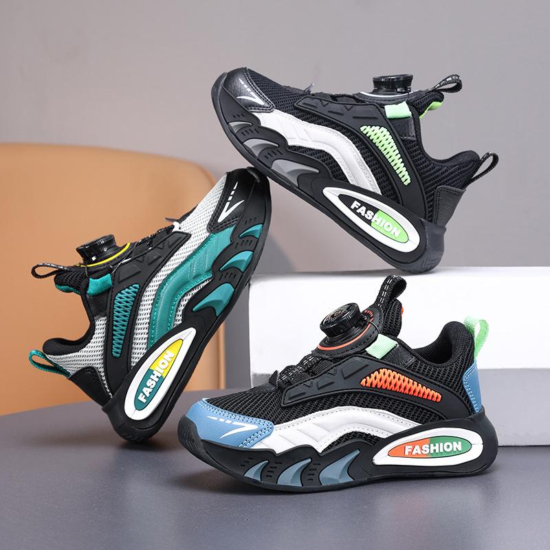 Boys' sports shoes 2025 autumn new rotating buckle leather waterproof children's basketball shoes boys casual running shoes