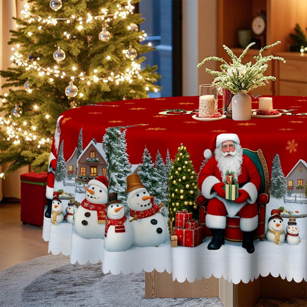 Red Christmas Tablecloth, Snowflake Santa Snowman Pattern, Round Dining Table Cloth Light Luxury Coffee Table Cloth