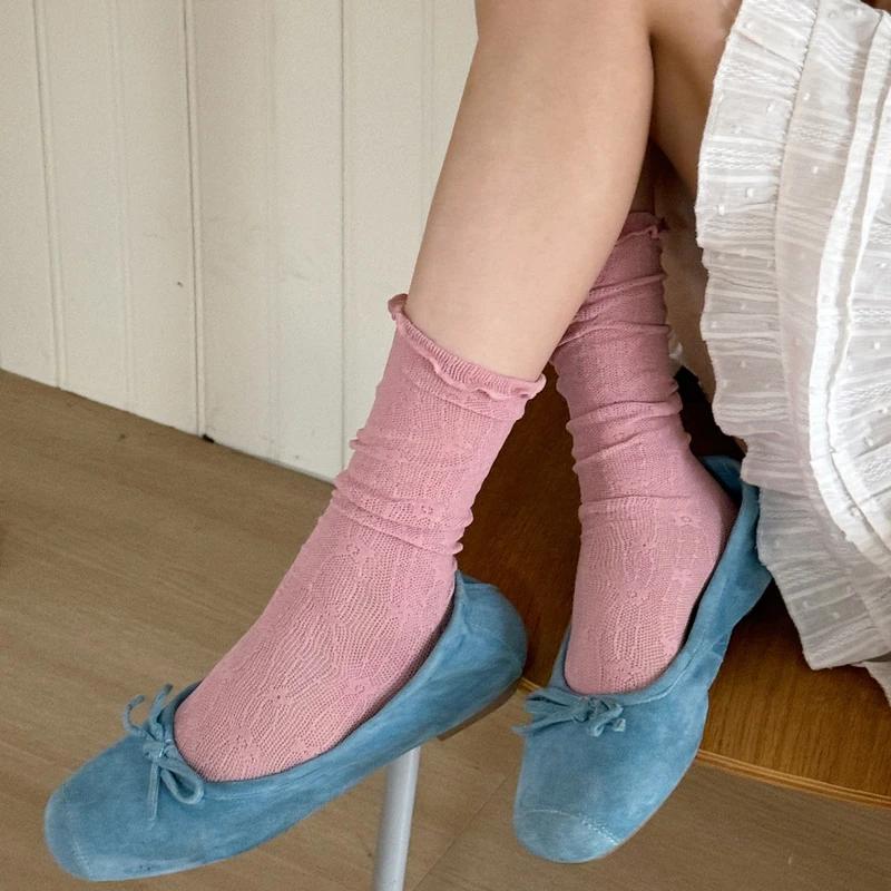 1 Paar Spitzensocken für Damen, aushöhlen, Netzstoff, dünn, atmungsaktiv, Sommer, lose, lange Socken, Blumenstickerei, süße Mädchen, japanische Kawaii-Socken