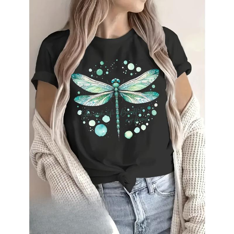 European Size Short-Sleeved T-Shirt with a Pure Dragonfly Pattern Print