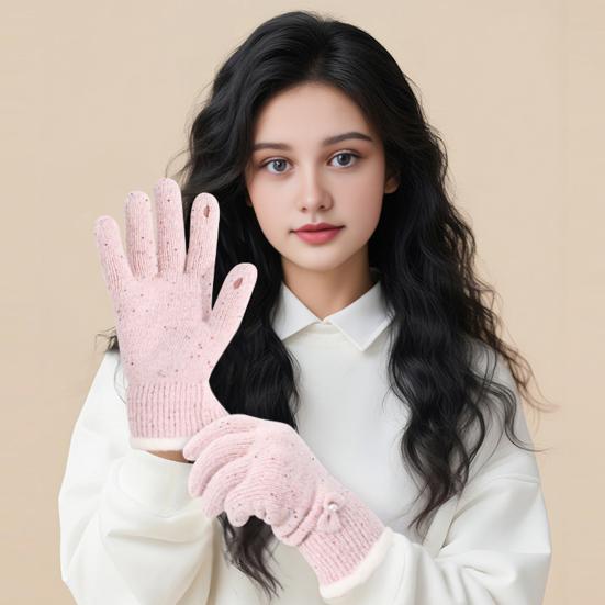 Women Winter Gloves Warm Touch Screen Gloves with Bow-Tie Sequins Knitted Thickened Gloves for Daily Outings Dating Party