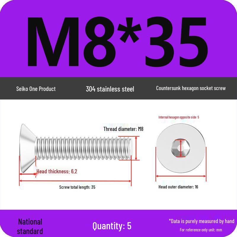 M2-M10 Stainless Steel Flat Head Machine Screws and Bolts Set, Countersunk Hex Socket Cap, 304 Grade.