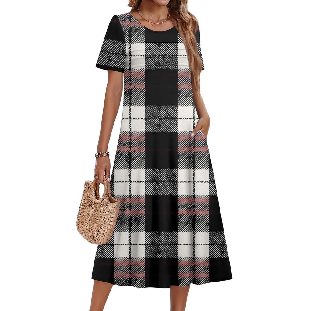 Damen kariertes bedrucktes lässiges und modisches kurzärmeliges Rundhalskleid
