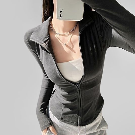 

Женская верхняя одежда с длинным рукавом на молнии, укороченная тренировочная рубашка, облегающая спортивная рубашка с полной молнией для бега и спортзала для женщин XL