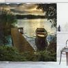 Lake Sunset Shower Curtain with Hooks – Wooden Dock & Rowboat, Golden Sunbeams, Romantic Evening Nature Scene