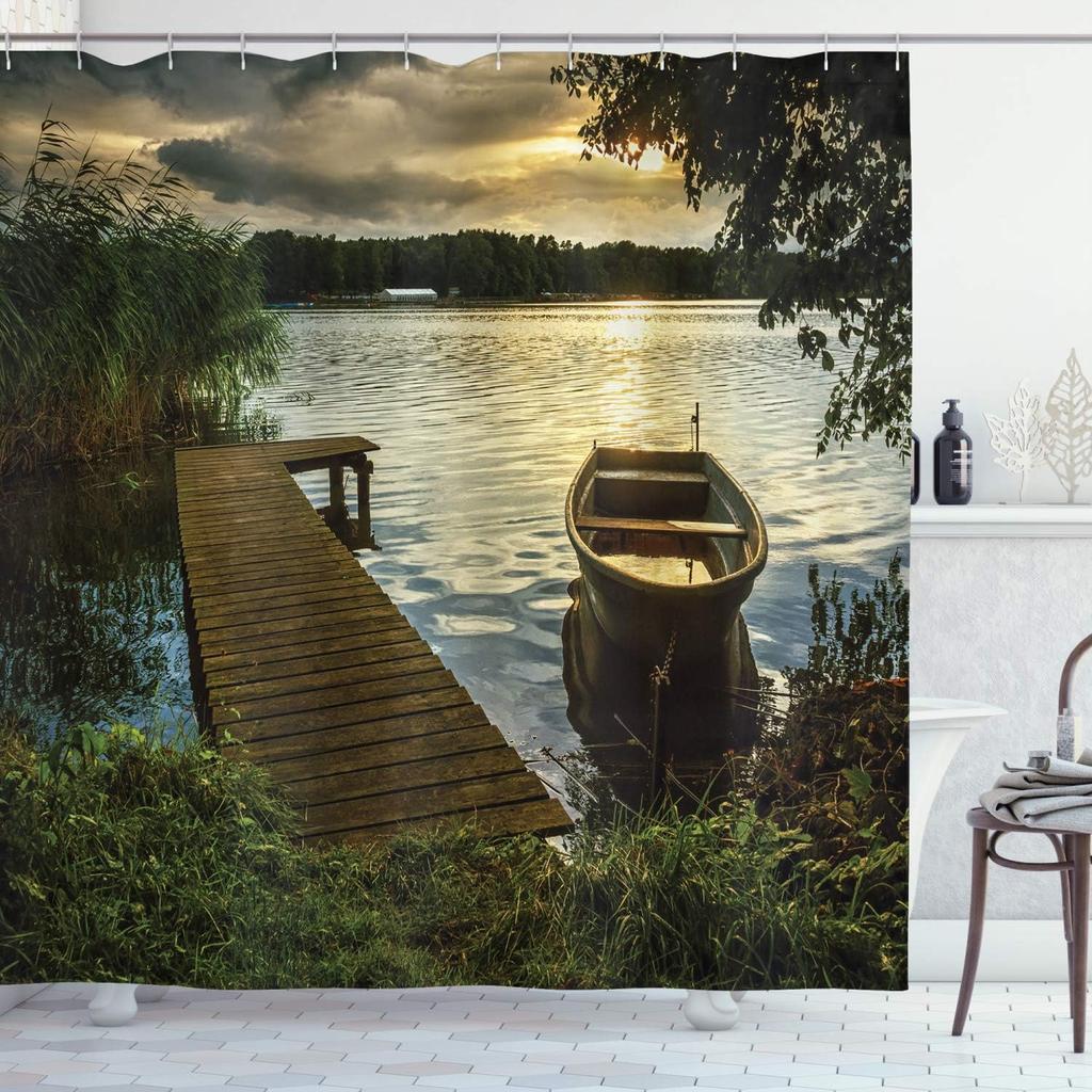 Lake Sunset Shower Curtain with Hooks – Wooden Dock & Rowboat, Golden Sunbeams, Romantic Evening Nature Scene