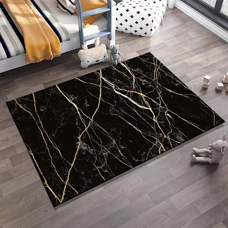 Black Marble Pattern Carpet with Gold Lines, Modern Living Room Rug Suitable for use as an anti-slip for living room bedroom sofas