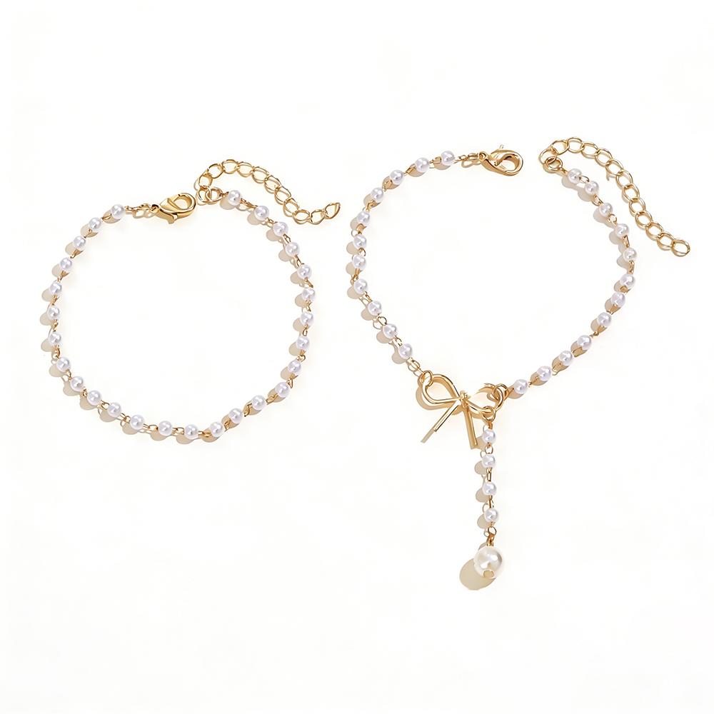 2Pcs Layered Bow Pearl Anklets for Women Gold Dainty Tassel Hypoallergenic Summer Beach Vacation Jewelry Gift