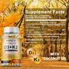Natural Vitamin D3+K2 Capsules, Containing Organic Coconut Oil, Beneficial for Bone and Teeth Health.