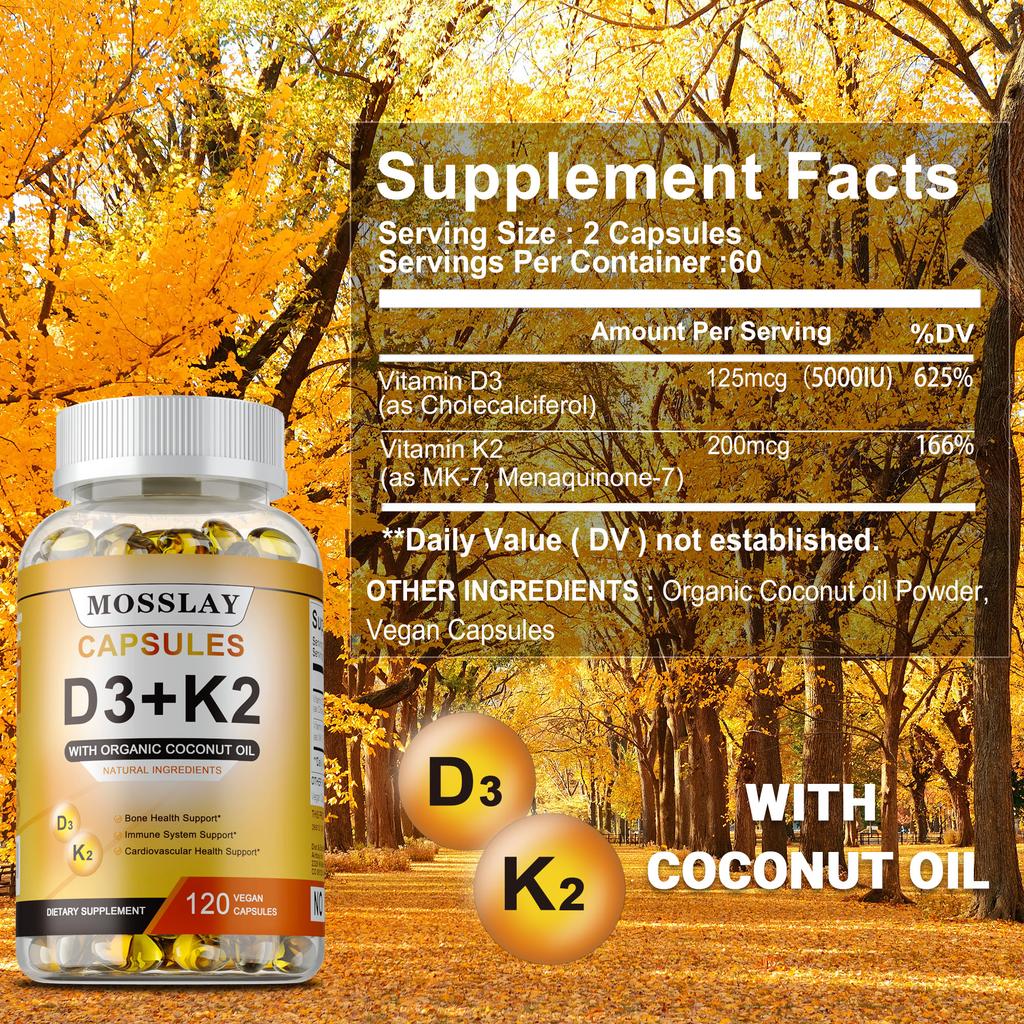 Natural Vitamin D3+K2 Capsules, Containing Organic Coconut Oil, Beneficial for Bone and Teeth Health.