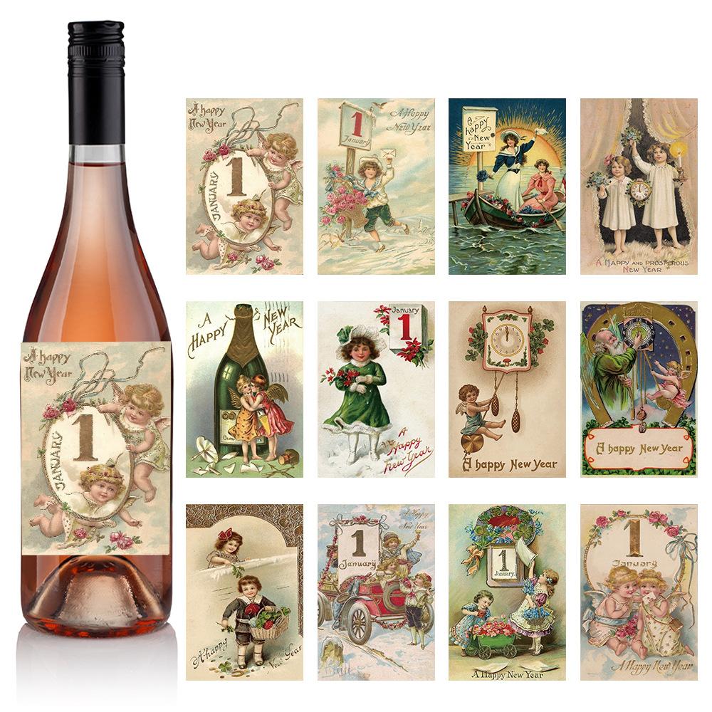New Style, New Year Theme, Red Wine Bottle Stickers, Vintage Copperplate Paper, Adhesive Bottle Stickers, Party Desktop Decoration Supplies