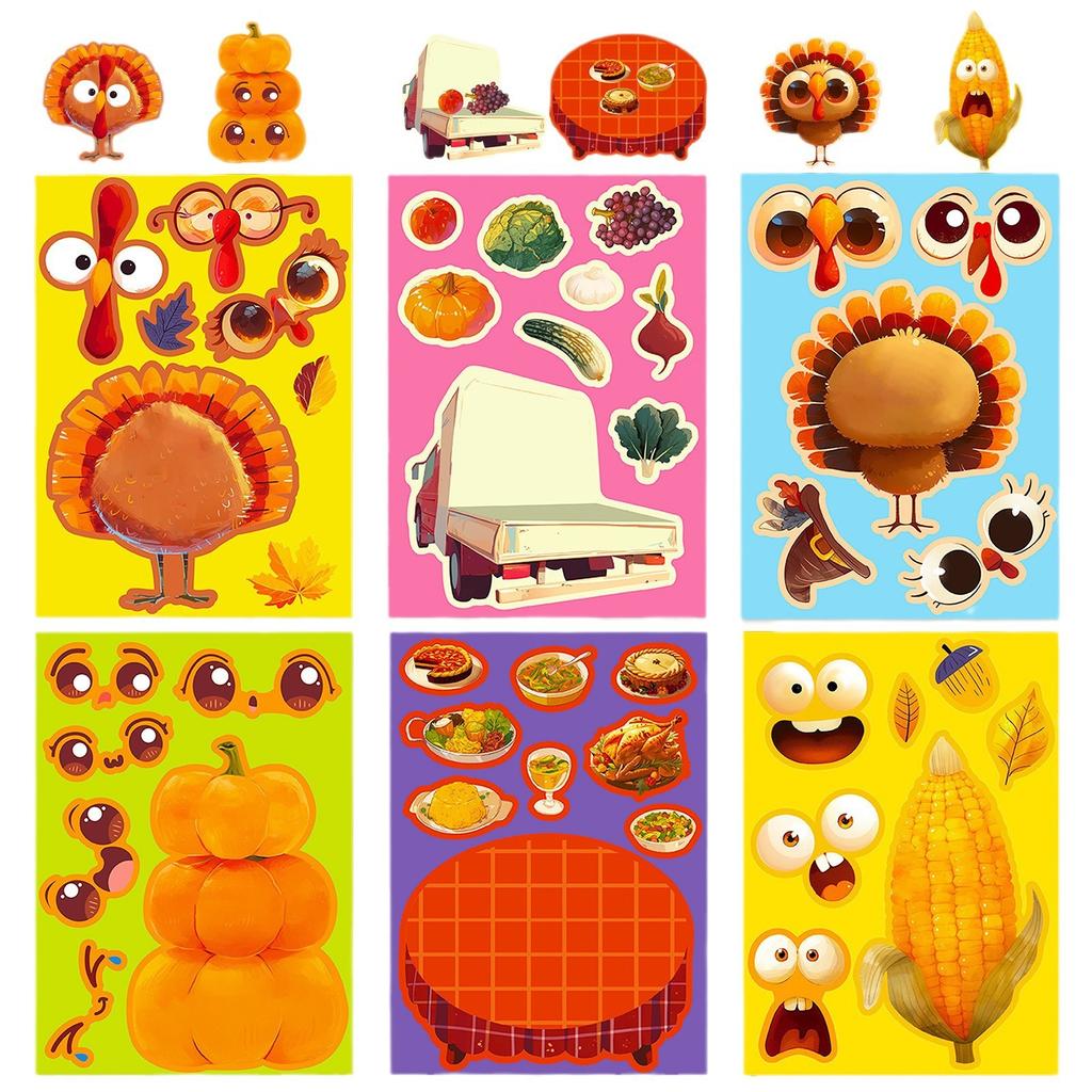 6 Photos/package Thanksgiving Children's Turkey Handbook DIY Puzzle Stickers Autumn Harvest Festival Celebration Face Change