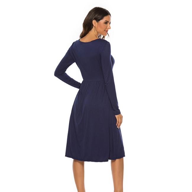 Women Fashion Round Neck Long Sleeve Button Slim Dress Casual Dress