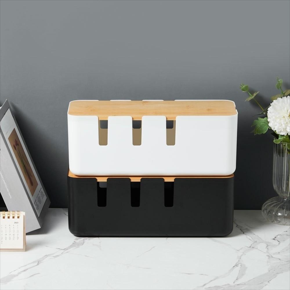 With Wooden Lid Desk Power Cable Box Storage Bin Power Wire Case Power Cord Case  Charger