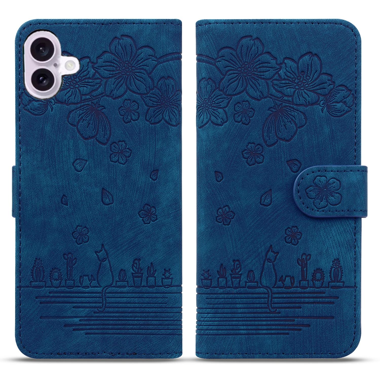 

For iPhone 16 Plus Case Flower Cat Imprinted Leather Phone Cover with Card Holder Wallet Blue