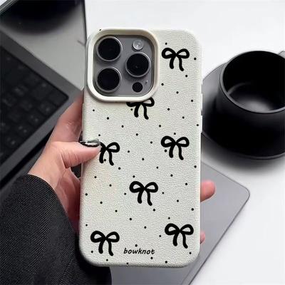 Black Wave Point Bowknot Print Soft Matte Case For iPhone 16 Pro Max 15 Pro 14 13 12 11 TPU Leather Texture Shockproof Slim Phone Cover