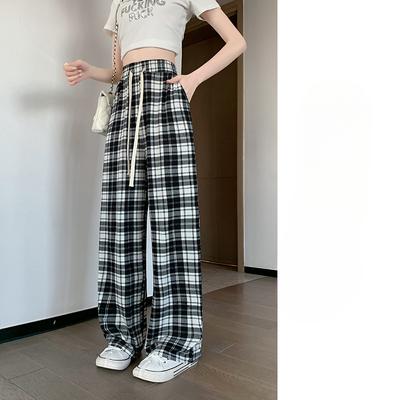 Ice Silk Wide-leg Pants for Women In Summer Thin New High-waisted Slim Casual Narrow Version Straight Plaid Women's Pants Spring and Autumn