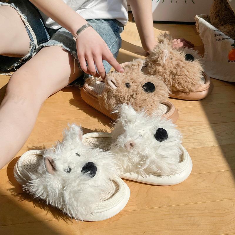 Fashion Women Slippers Cartoon Dog Cute Indoor Linen Casual Slippers Comfortable Platform Spring Autumn 2025 Home Couple Fluffy Slippers
