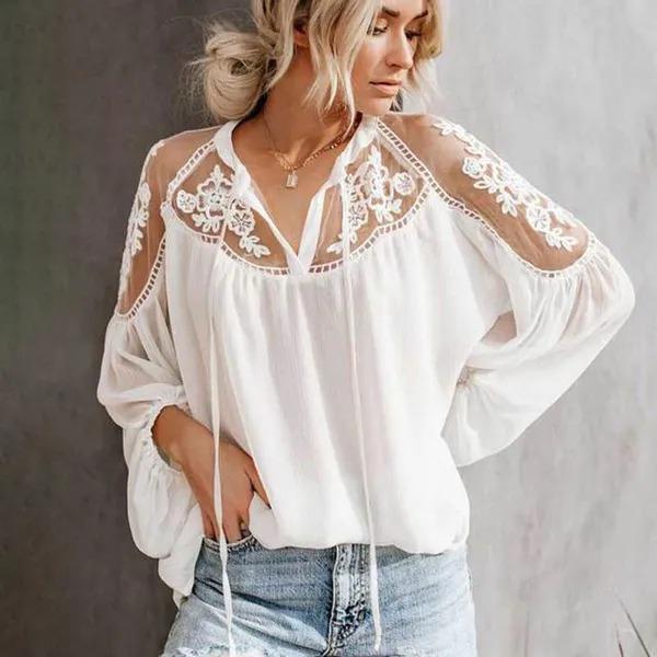 Women's Chiffon Blouse Unique Transparent Lace Floral Embroidery Cloth Fashion Top