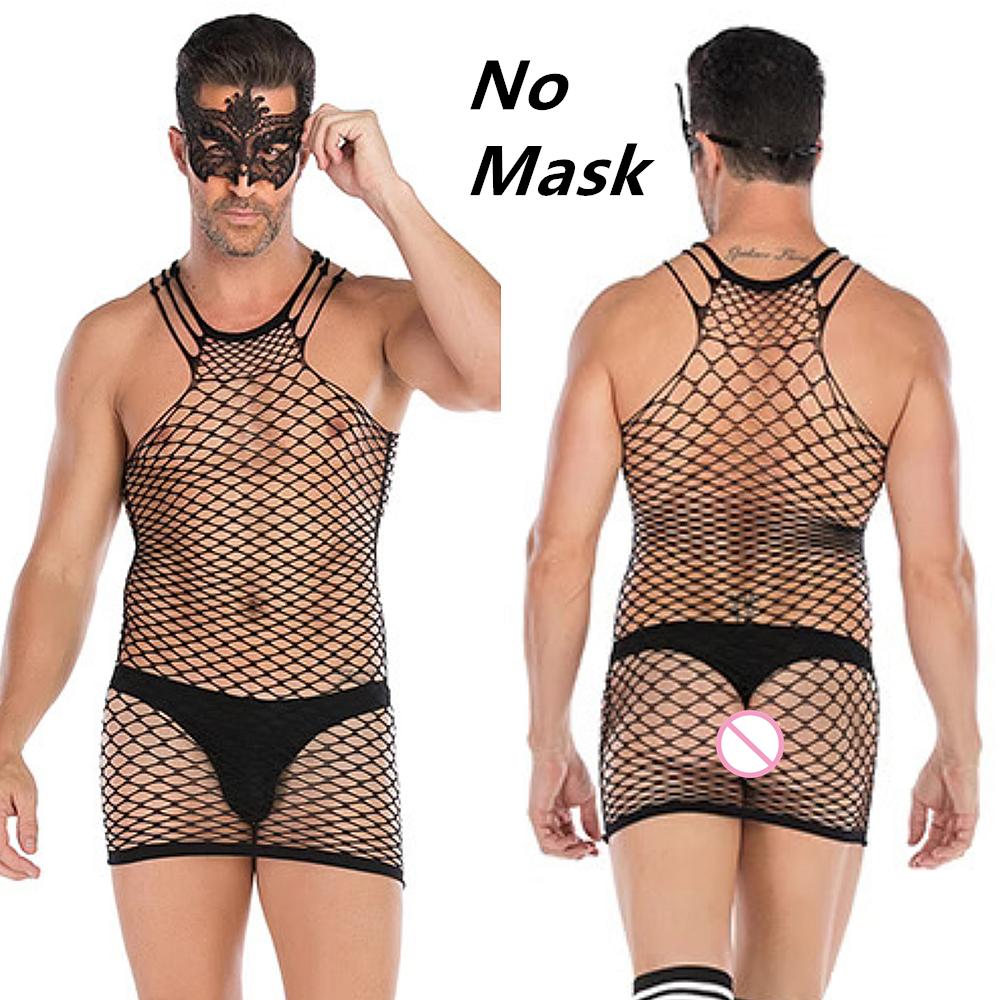 Men'S Sexy Mesh Lingerie One-Piece Bodycon Dress Crotchless Erotic Nightwear Cool Male Sexy Underwear For Boyfriend