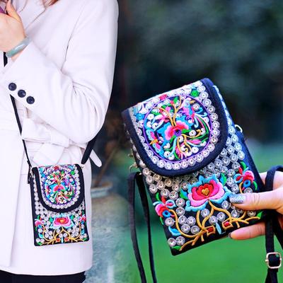 Ethnic Embroidered Women's Crossbody Canvas Handbag with Double Layer for Phone and Coins