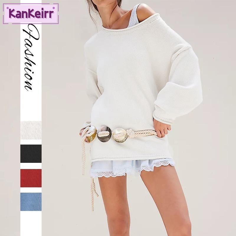 KANKEIRR Moda damska Casual Solid Color Print Jesienno-zimowe luźne swetry z długim rękawem