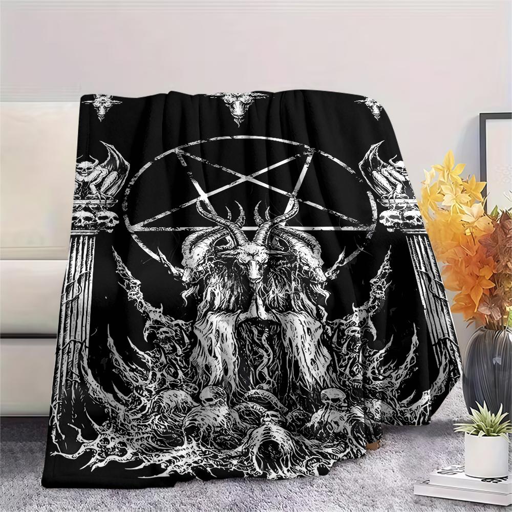 1Pc Skull Satan Print Flannel Blanket, High Quality Comfortable for All Seasons, Home Decor, Warmth and Comfort, Perfect for Christmas Gifts