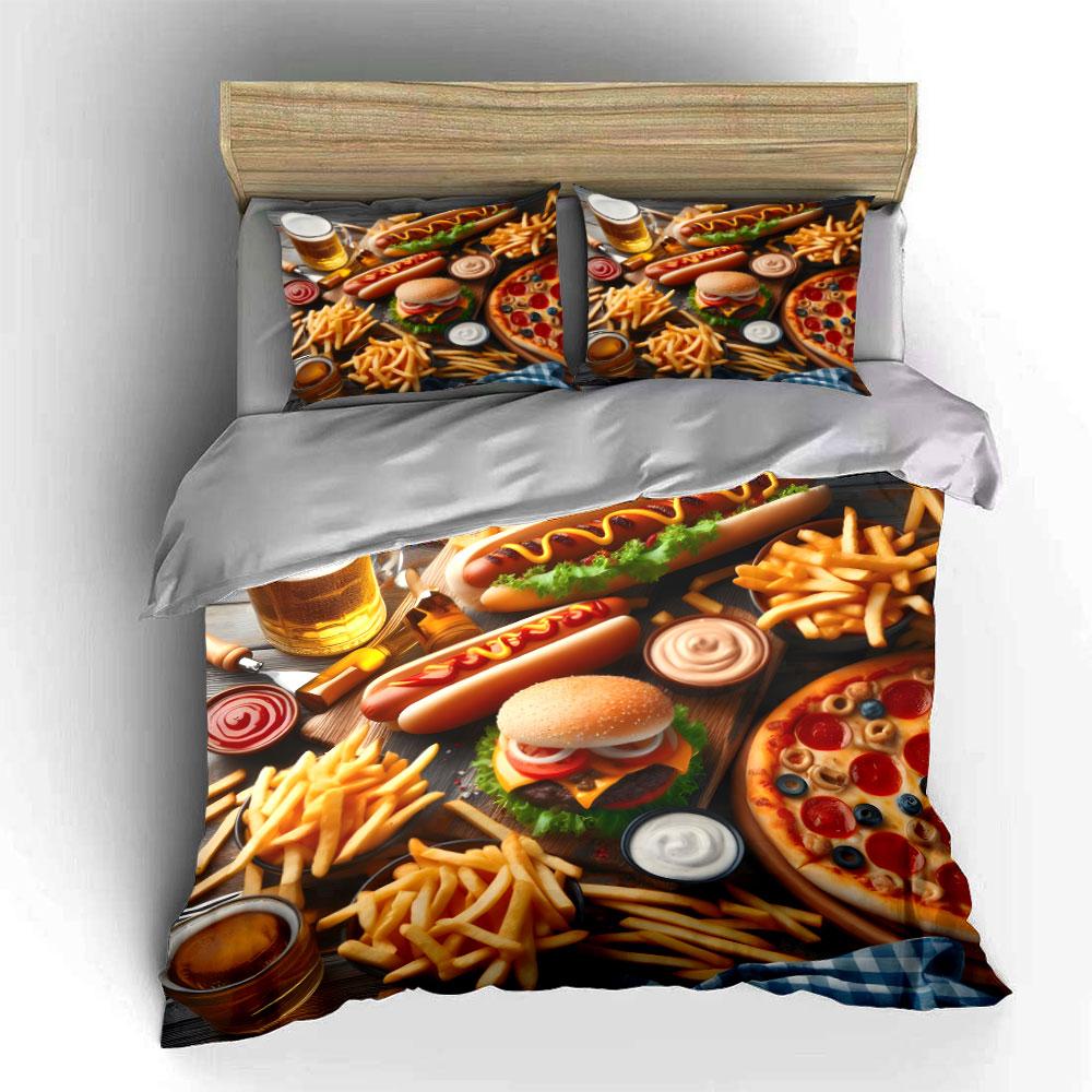 Vintage Fast Food Fest Bettwäscheset Burger Pizza Hund Bier Pommes Essen Druck Bettbezug Set 3-teilig Für Essensliebhaber Teenager Jungen