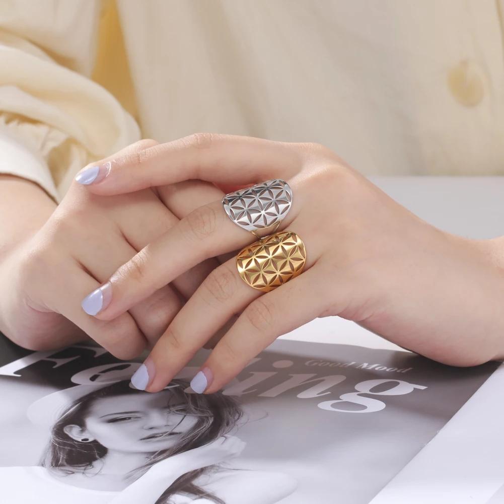Cazador Hollow Flower of Life Women's Rings Adjustable Stainless Steel Open Rings Wedding Anniversary Jewelry Mother Day Gift