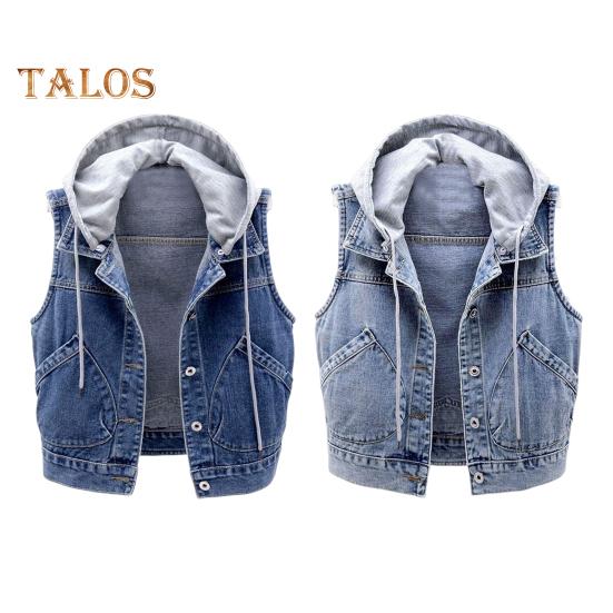 Τζιν παλτό με φερμουάρ, φθινοπωρινή άνοιξη, μονόπετο, αμάνικο, κουκούλα, τσέπες, φαρδύ μπουφάν, κορδόνι, κοντό γιλέκο για καθημερινή χρήση