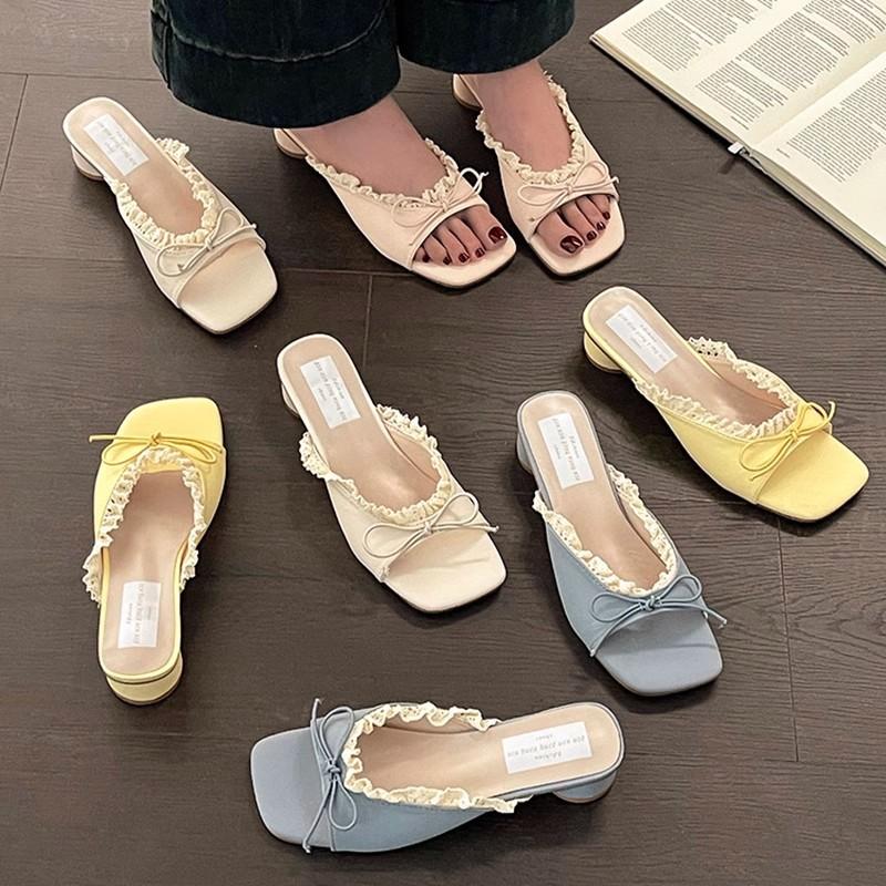 Coarse heel bow shoes women's summer outer wear holiday open-toed slope heel cool slippers