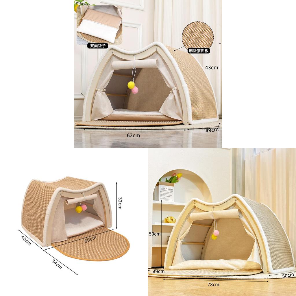 Wooden Cat House With Semi Closed Design And Cat Scratcher For Multisize Cats And All Seasons