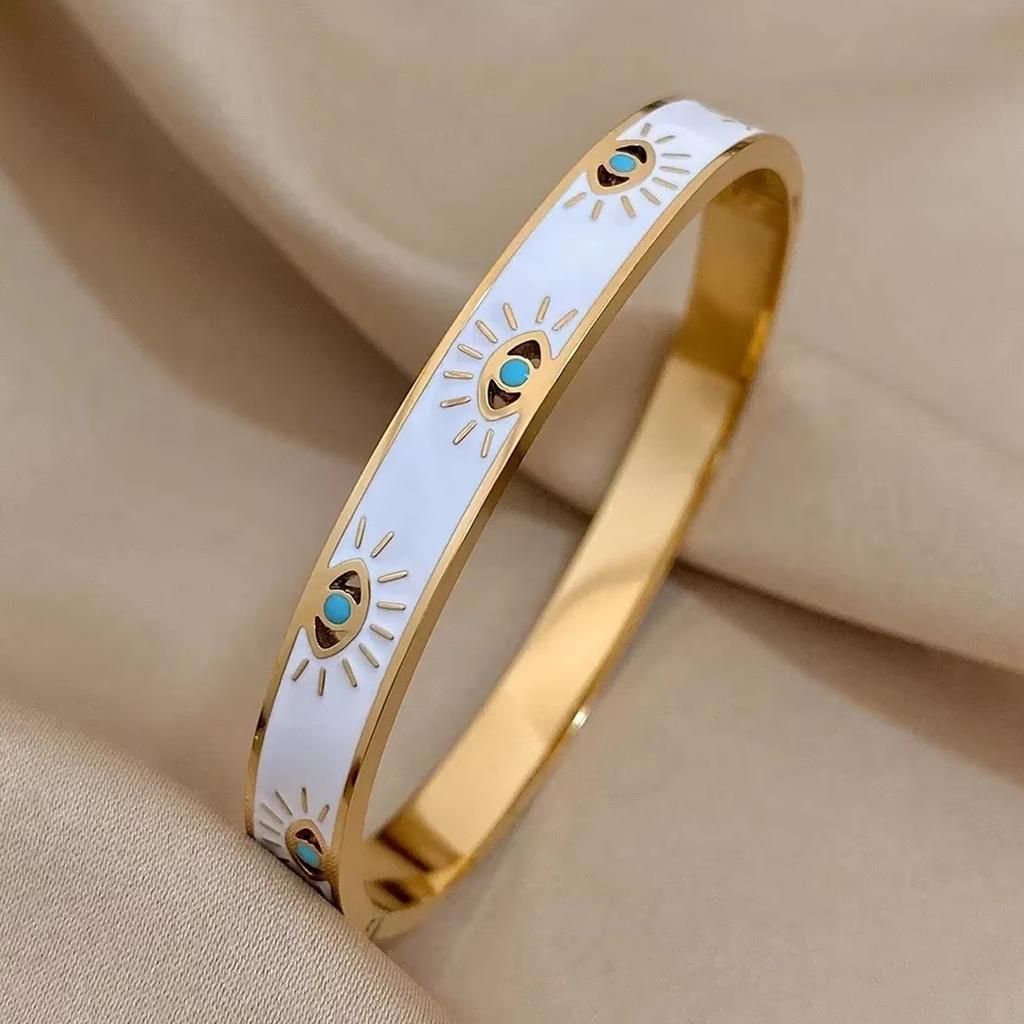 Trendy 316L Stainless Steel Evil Eye Bracelet for Women Charm White Enamel Wrist Waterproof Bangle Multi Epoxy Turquoise Bangle