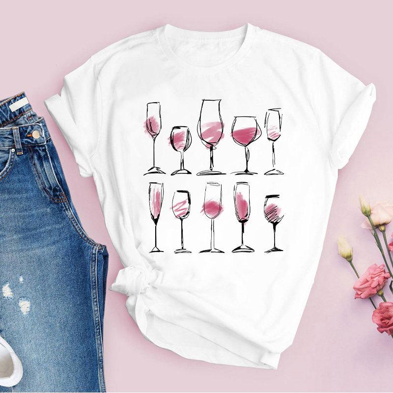 Rotweinglas Muster Reine Baumwolle Bedruckt Unisex und Damen Mode Trend T-Shirt Neu Personalisiert Rundhals Lässiges T-Shirt
