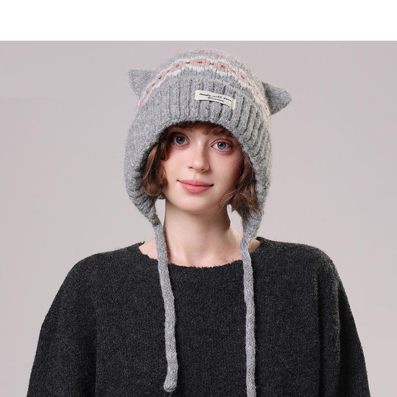 Autumn Winter Cartoon Cat Ears Knitted Hat for Women's Outdoor Wool Hat