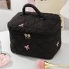 Black Women Portable Makeup Bag Large Capacity Pink Bow Quilting Cosmetic Pouch Ladies Travel Toiletry Storage Bag
