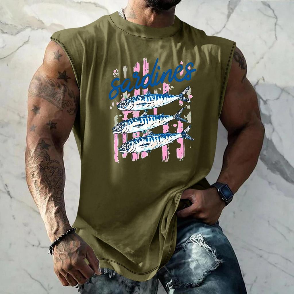 Pánské tílko s vtipným potiskem a retro texturou, volný střih, prodyšné, na letní sporty a streetwear, ležérní pro každodenní nošení