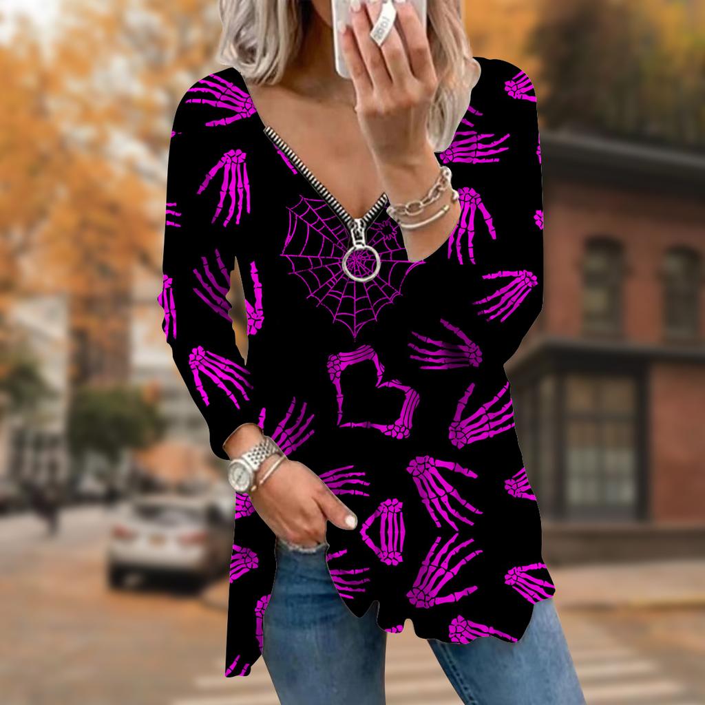 Damer Höst Skelett Handtryckt Långärmad T-shirt Lös V-ringning Plus Size T-shirt Toppar Bekväm Blus