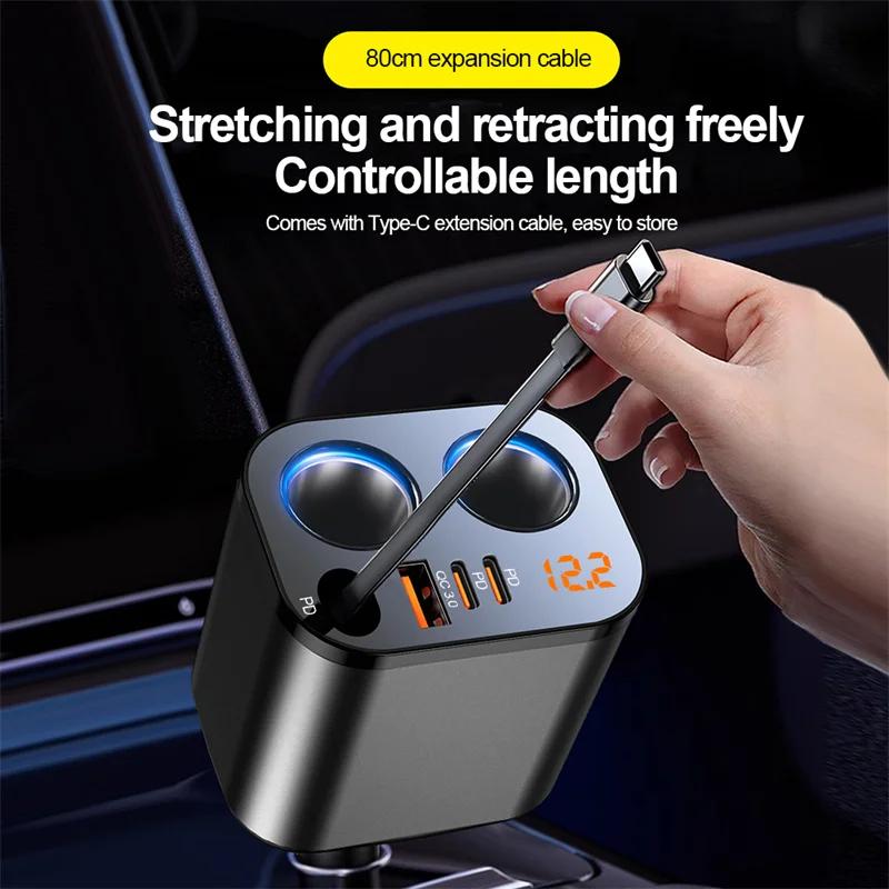 6-in-1 einziehbarer Auto-USB-Handy-Ladegerät 200W max Zigarettenanzünder-Adapter PD30W QC3.0 Schnellladeadapter für 12V-24V Autos