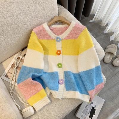 Cardigan de malha com listras coloridas femininas, botão de flor, suéter solto para mulheres, outono, blusa de manga comprida com botões simples